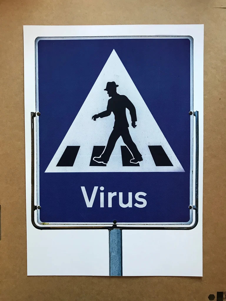 VIRUS WITH SHOES ROAD SIGN